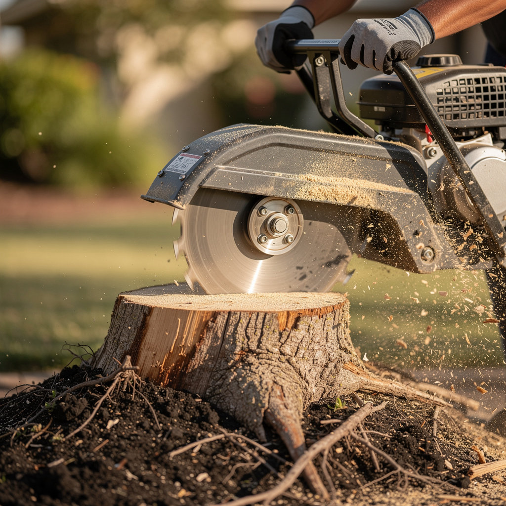 HIGUERA'S TREE SERVICE professional stump grinding equipment removing a tree stump in Lemon Grove, CA